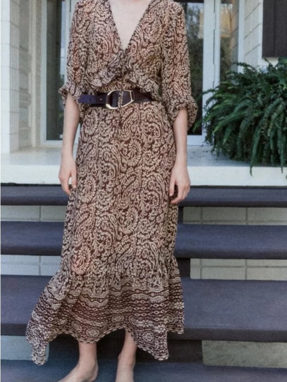 Zara Brown and Cream Printed Tiered Maxi Dress (sheer)